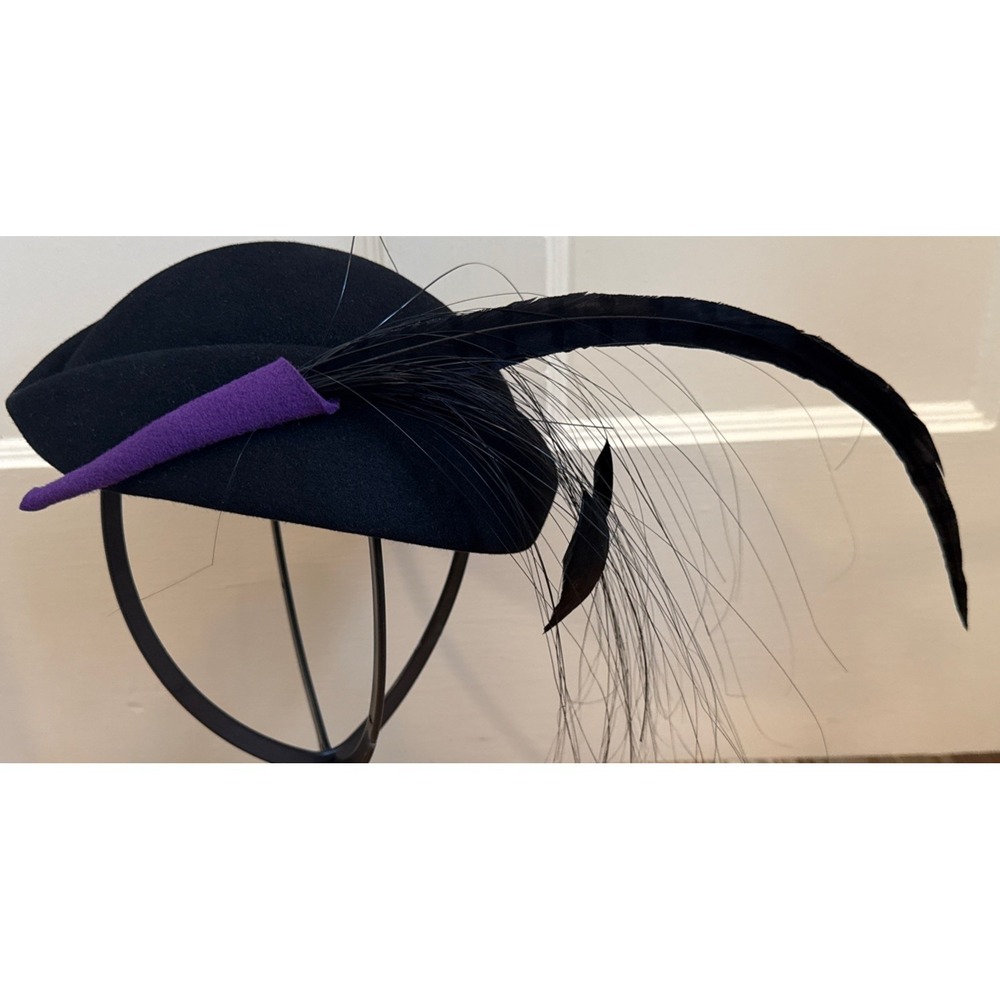 FRANK OLIVE Vintage Private Collection Black Velour Fedora Feathers Purple felt